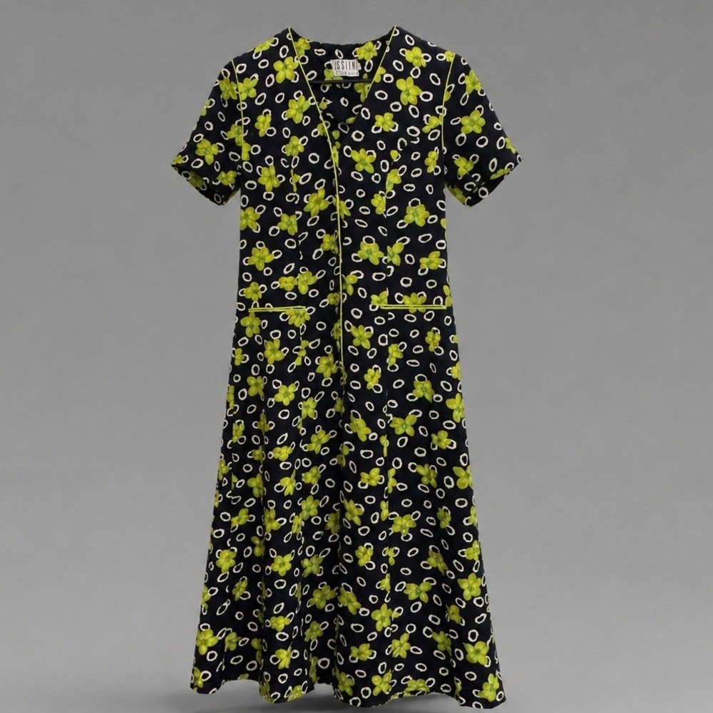 Lissinni Collection Midi Dress 10 Black Lime Green Floral Geometric V-Neck Retro - Picture 2 of 5